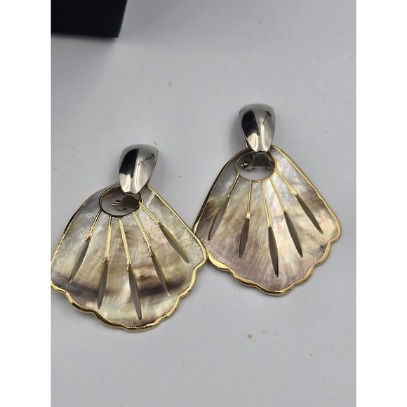 Does not apply Jewelry - Elegant Mother of Pearl Fan Dangle Clip-On Earrings Gold & Silver Tone Fashion